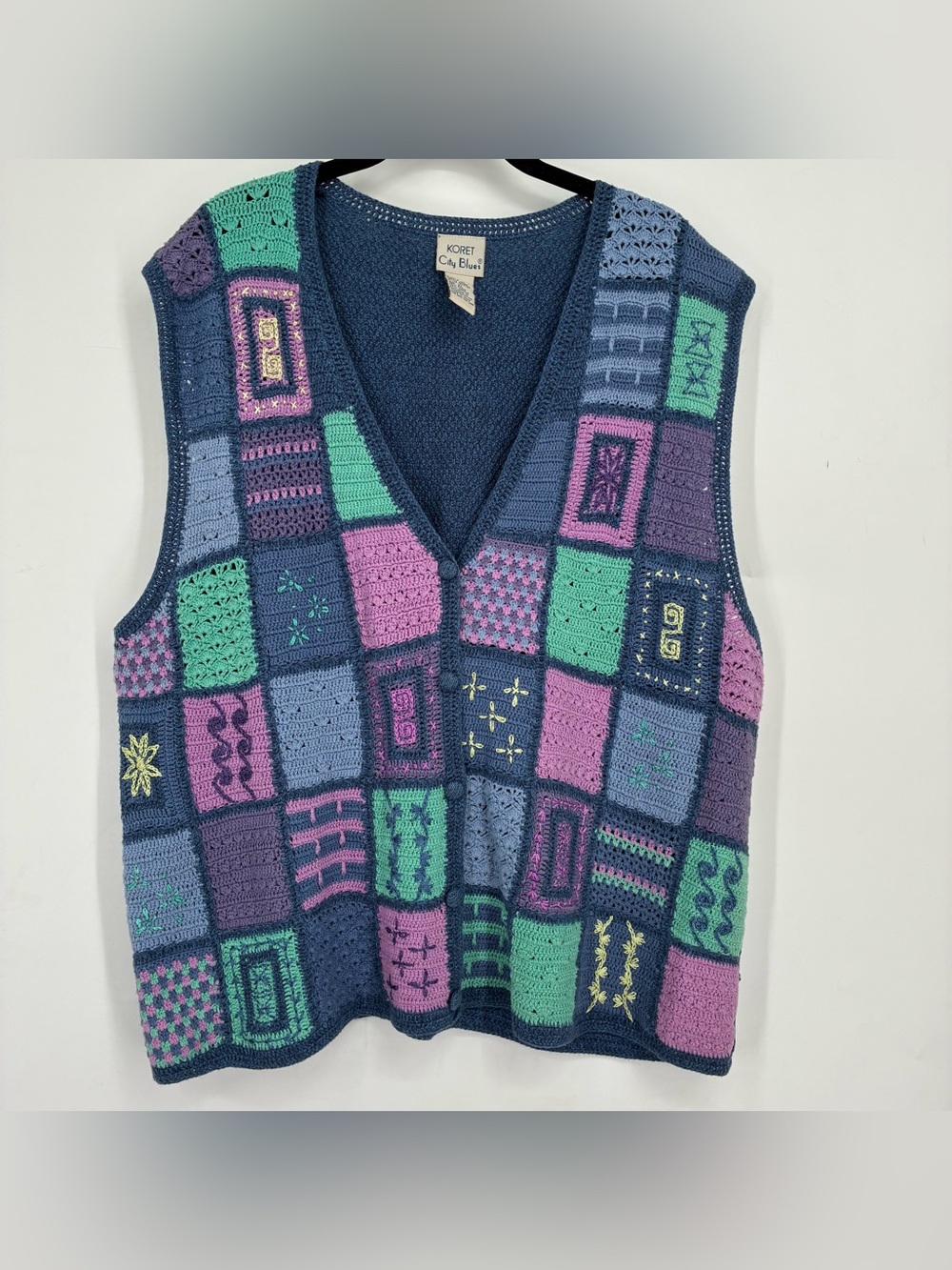 Vintage 90s Patchwork Cotton Crochet Floral Granny Hippie Vest XL Purple Koret